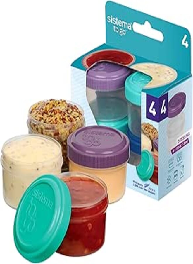 Sistema To Go Collection BPA-Free Reusable Salad Dressing Containers, Pink/Green/Blue/Purple, Pack of 4,1.18oz