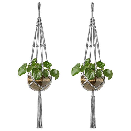 Mkono Macrame Plant Hangers Indoor Outdoor Hanging Planter Basket Cotton Rope 4 Legs 41 Inch 2 Pack Grey