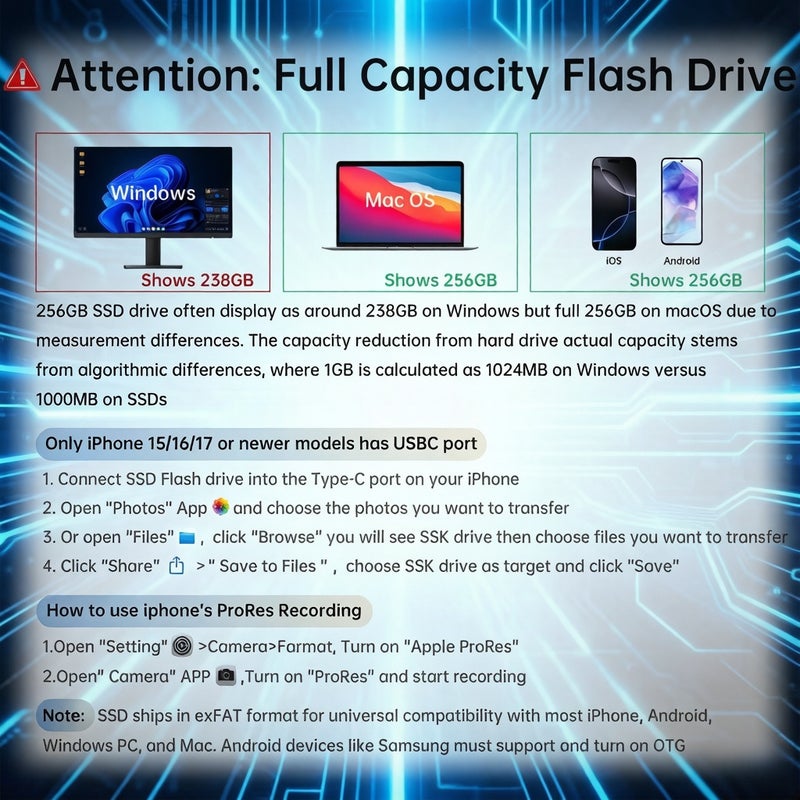 SD303 Dual-Interface High-Speed Solid-State Flash Drive External USB SSD Drive Up to 1000MB/s Transfer Speed Dual-Interface Thumb Drive - USB SSD Storage Stick Compatible with iPhone 15/16/17, Android, Tablets, Windows & Mac 256GB - Image 3