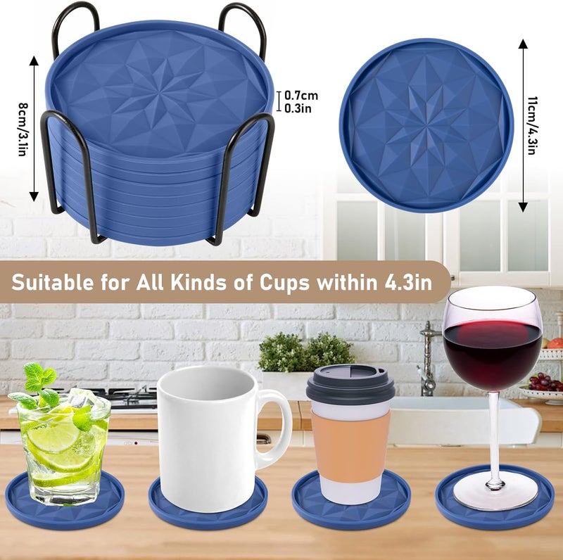 OIAHOMY 8 Pcs Coasters with Holder, Coasters for Drinks, Woven Cotton Absorbent Coaster Set for Kinds of Cups, Housewarming Gifts for Home Decor - Blue - Image 2
