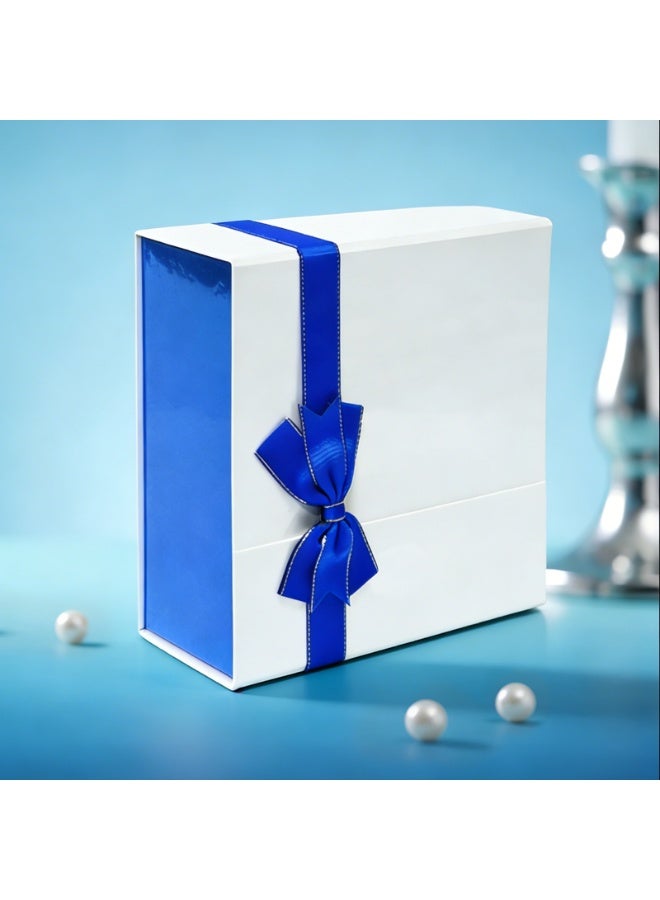 Premium Pearlized Square Gift Box with Bow - Blue & White - Small (8.3"x8.3"x3.5") - One-Piece Folding Design, Includes Ribbon - Image 5