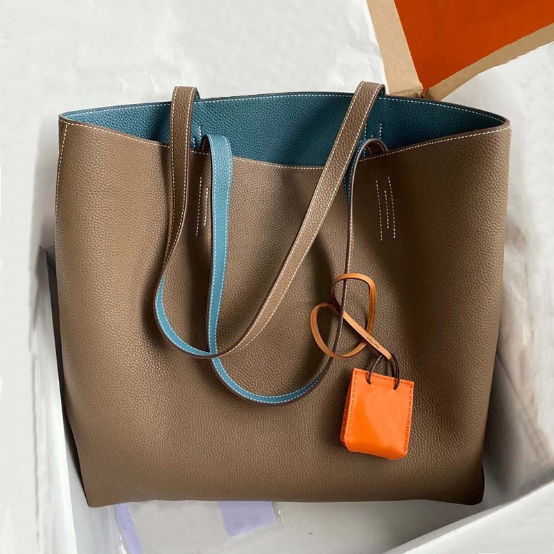 Large Women'S Bag 2020 Versatile Shopping Bag Shoulder Bag Double-Sided Top Layer Cowhide Tote Bag Large Capacity Women'S Bag Color-Blocking - Image 2