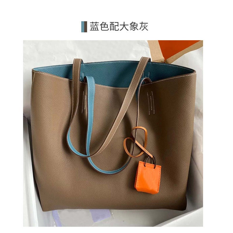 Large Women'S Bag 2020 Versatile Shopping Bag Shoulder Bag Double-Sided Top Layer Cowhide Tote Bag Large Capacity Women'S Bag Color-Blocking - Image 1