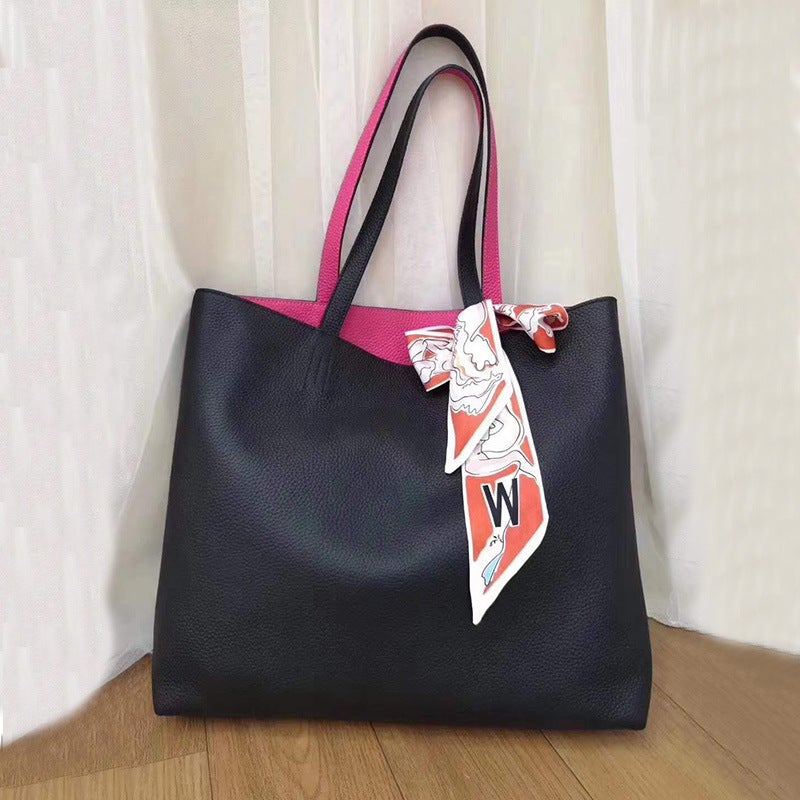 Large Women'S Bag 2020 Versatile Shopping Bag Shoulder Bag Double-Sided Top Layer Cowhide Tote Bag Large Capacity Women'S Bag Color-Blocking - Image 4