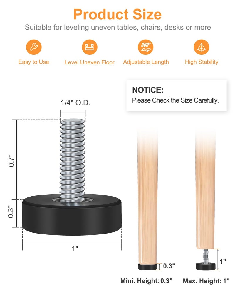 LRVAE 12 PCS Leveling Feet, 1/4-Inch 20-UNC Adjustable Leveler, Fits Small DIY Projects, Stable Furniture Leveling for Uneven Floors, Elegant Threaded Levelers Screw in - Image 3