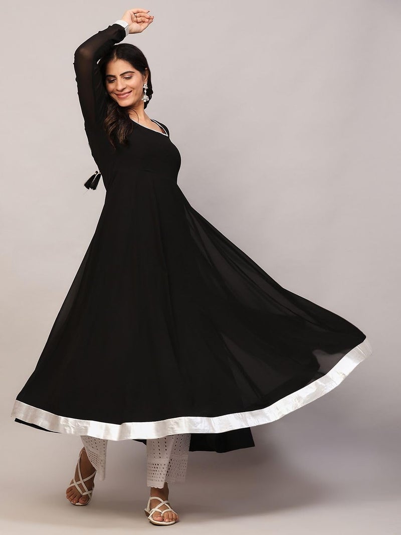 KZA Women's Georgette Hand Embroidered Flared Anarkali Kurta with Full Sleeves for Ethnic Wear Black - Image 2