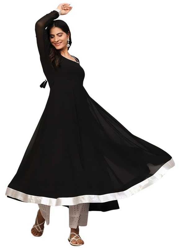 KZA Women's Georgette Hand Embroidered Flared Anarkali Kurta with Full Sleeves for Ethnic Wear Black - Image 1