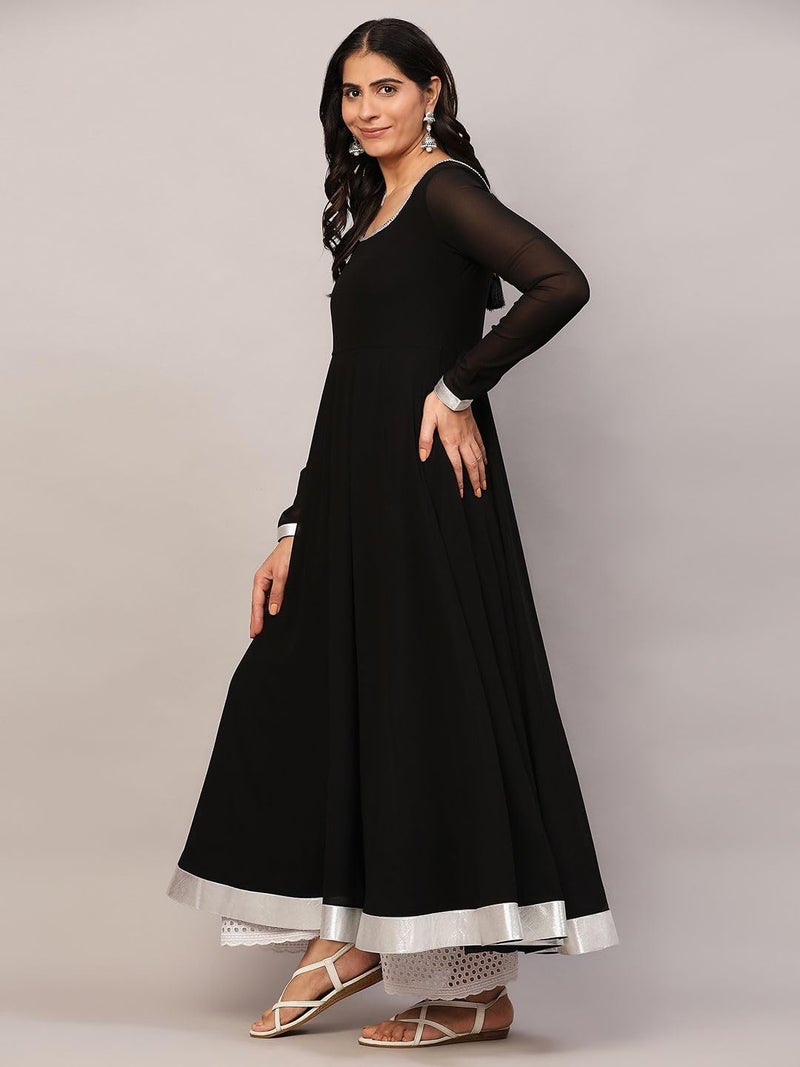 KZA Women's Georgette Hand Embroidered Flared Anarkali Kurta with Full Sleeves for Ethnic Wear Black - Image 3