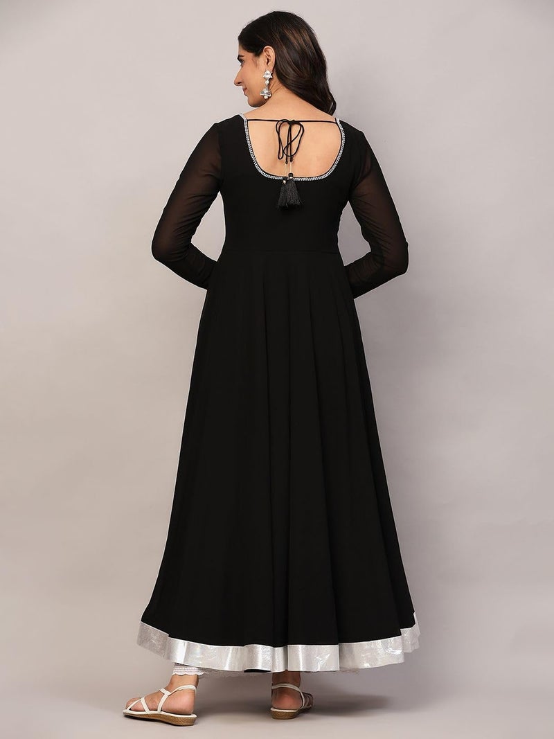 KZA Women's Georgette Hand Embroidered Flared Anarkali Kurta with Full Sleeves for Ethnic Wear Black - Image 4