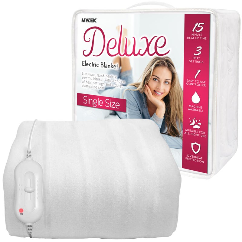MYLEK Electric Blanket Single Size Fully Fitted Heated Mattress Cover Underblanket with Elasticated Skirt Overheat Protection Fast Heat Up Machine Washable and Safe For All Night Use Single