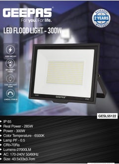 GEEPAS Geepas 300 W LED Flood Light GESL55122, 27000 Lumens and 6500 K Color Temperature| 80% Energy Efficient LED Light, Perfect for Outdoor Spaces, Sports Arenas, Parking Lot, Etc. 2 Year Warranty, Black  - Image 5