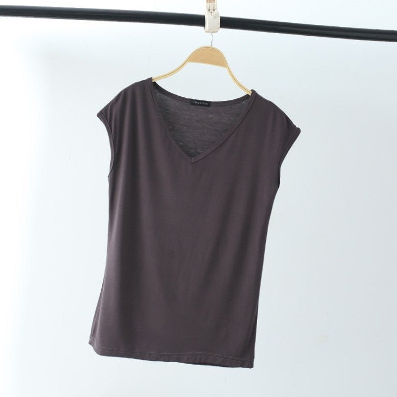 Modal Sleeveless T-shirt Women's Summer Thin V-neck Sleeveless Top Loose Large Size Vest Casual Solid Color Base Shirt - Image 1