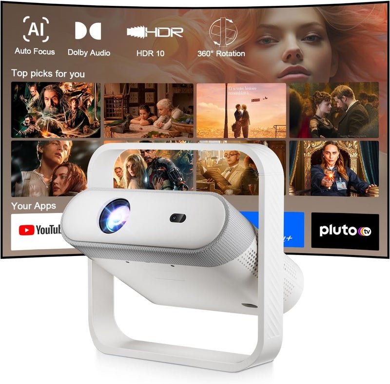جهاز عرض ذكي بدقة 4K مع واي فاي وبلوتوث، دقة أصلية 1080P HDR10+، جهاز عرض محمول صغير مع صوت دولبي، جهاز عرض ذكي قابل للتعديل بزاوية 360 درجة للاستخدام الخارجي/غرفة النوم/المنزل/الألعاب - Image 1