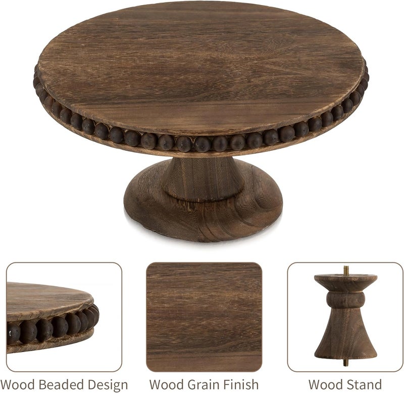 Hanobe Round Wood Cake Stand: Cupcake Pedestal Stand 12 inch Dessert Display Riser Distressed Rustic Cakes Holder Tray Vintage Beads Wooden Plate for Christmas Wedding Birthday Decor - Image 5