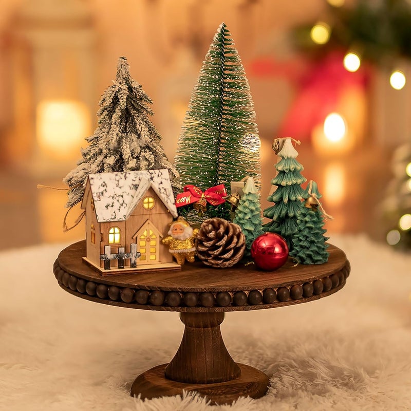 Hanobe Round Wood Cake Stand: Cupcake Pedestal Stand 12 inch Dessert Display Riser Distressed Rustic Cakes Holder Tray Vintage Beads Wooden Plate for Christmas Wedding Birthday Decor - Image 1