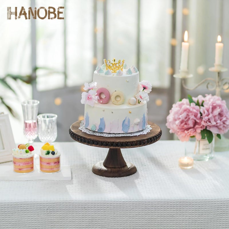Hanobe Round Wood Cake Stand: Cupcake Pedestal Stand 12 inch Dessert Display Riser Distressed Rustic Cakes Holder Tray Vintage Beads Wooden Plate for Christmas Wedding Birthday Decor - Image 2