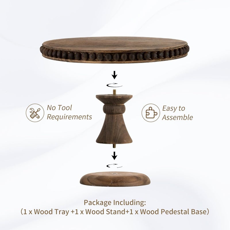 Hanobe Round Wood Cake Stand: Cupcake Pedestal Stand 12 inch Dessert Display Riser Distressed Rustic Cakes Holder Tray Vintage Beads Wooden Plate for Christmas Wedding Birthday Decor - Image 4