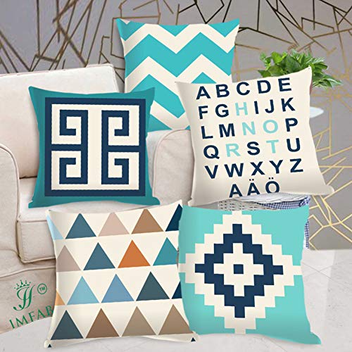 IM FAB IMFAB Geometric Blue and Torquoise Digital Printed Decorative Canvas Cotton Cushion Covers Set of 5 pcs (12X12 inches or 30X30 cms) - Image 1