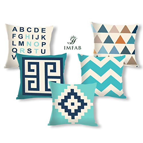 IM FAB IMFAB Geometric Blue and Torquoise Digital Printed Decorative Canvas Cotton Cushion Covers Set of 5 pcs (12X12 inches or 30X30 cms) - Image 2