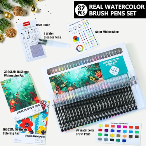 AOTEMOON 32 Watercolor Pens Set Includes 26 Vivid Colors, Real Brush Tips Paint Markers Set with 2 Blender Pens, Watercolor Pad and Coloring Pad, Art Supplies Gifts for Beginners Young Artists and Adults - Image 2