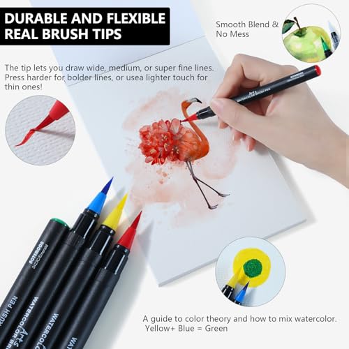 AOTEMOON 32 Watercolor Pens Set Includes 26 Vivid Colors, Real Brush Tips Paint Markers Set with 2 Blender Pens, Watercolor Pad and Coloring Pad, Art Supplies Gifts for Beginners Young Artists and Adults - Image 3