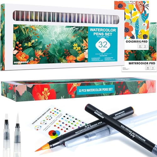 AOTEMOON 32 Watercolor Pens Set Includes 26 Vivid Colors, Real Brush Tips Paint Markers Set with 2 Blender Pens, Watercolor Pad and Coloring Pad, Art Supplies Gifts for Beginners Young Artists and Adults - Image 1