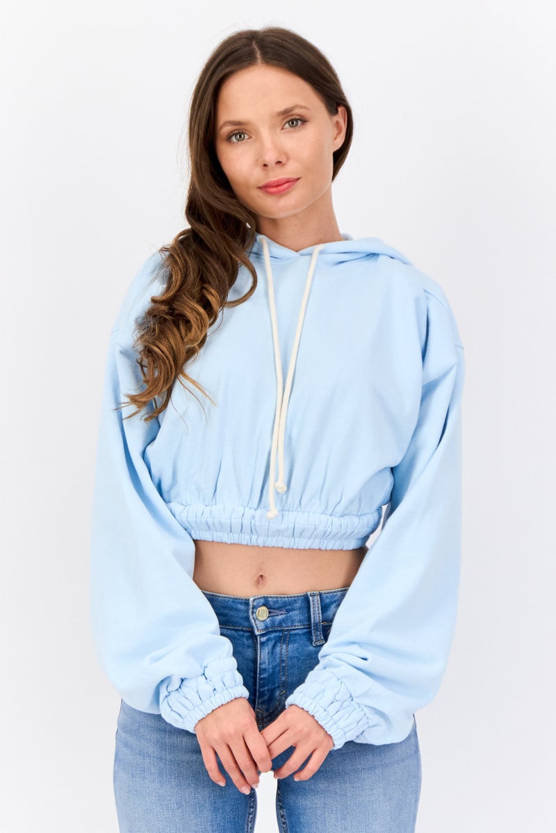 NIA Women Plain Hooded Cropped Sweatshirt, Light Blue - Image 1