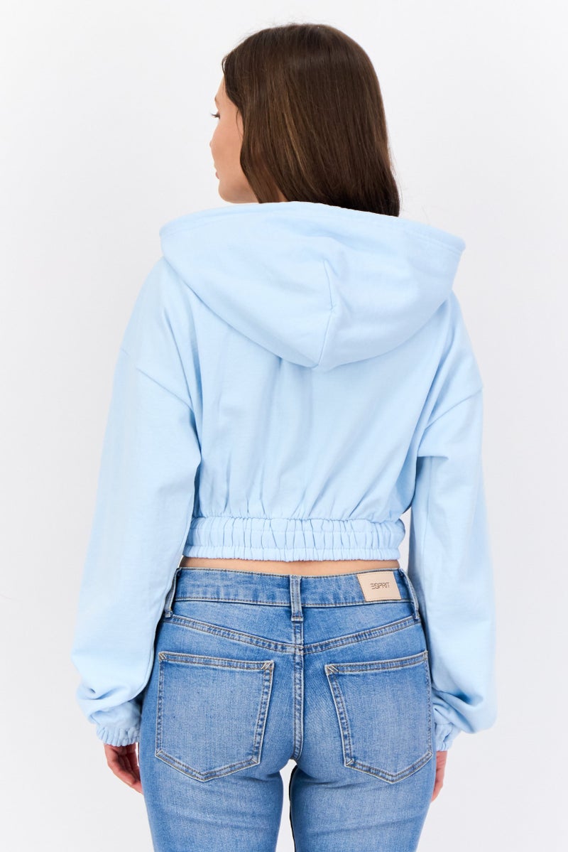 NIA Women Plain Hooded Cropped Sweatshirt, Light Blue - Image 4