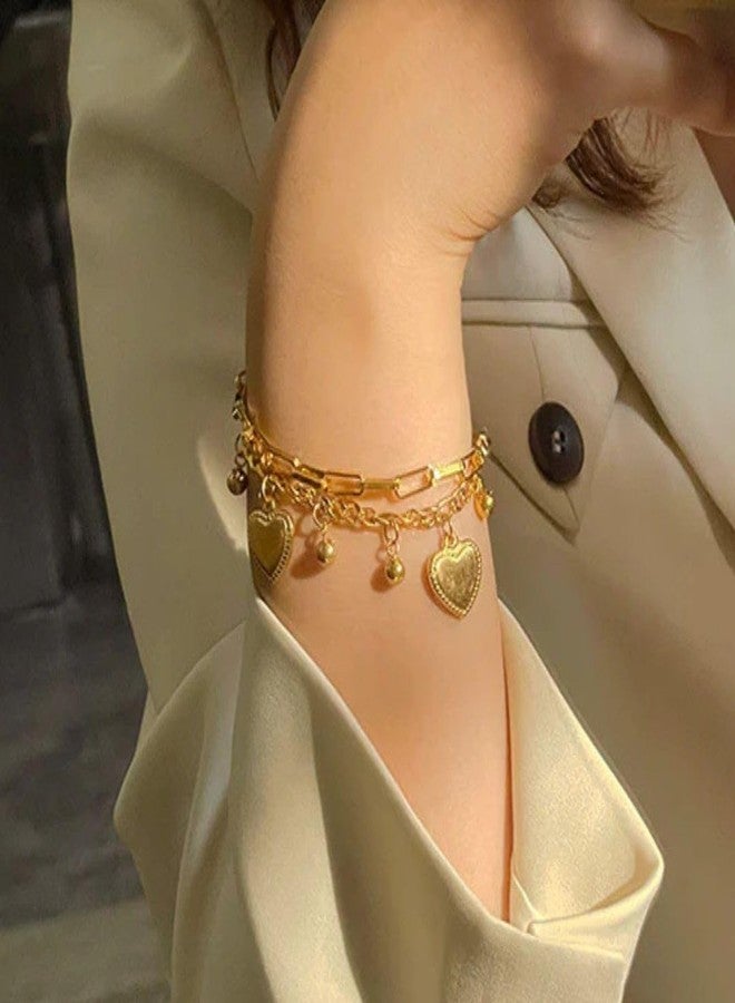 Bauble Cluster Anti Tarnish 18K Gold Plated Heart Charm Chain Bracelet for Women | Fancy Stylish Stainless Steel Dangling Beads Bracelet | Fashion Western Jewellery Accessories | Everyday Wear Bracelet | Gifts For Girls (Pack of 1) - Image 4