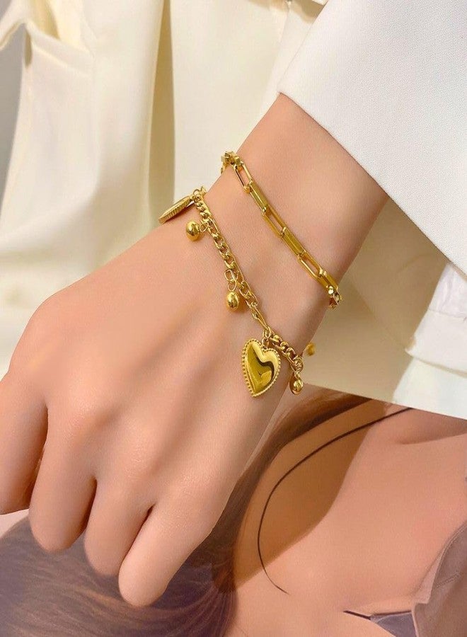 Bauble Cluster Anti Tarnish 18K Gold Plated Heart Charm Chain Bracelet for Women | Fancy Stylish Stainless Steel Dangling Beads Bracelet | Fashion Western Jewellery Accessories | Everyday Wear Bracelet | Gifts For Girls (Pack of 1) - Image 2