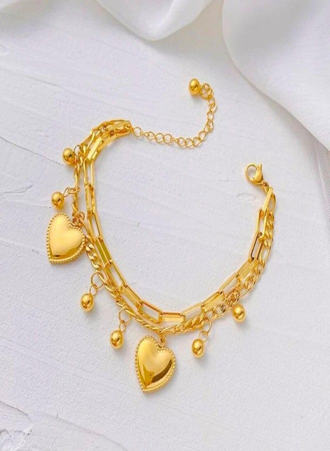 Bauble Cluster Anti Tarnish 18K Gold Plated Heart Charm Chain Bracelet for Women | Fancy Stylish Stainless Steel Dangling Beads Bracelet | Fashion Western Jewellery Accessories | Everyday Wear Bracelet | Gifts For Girls (Pack of 1) - Image 3