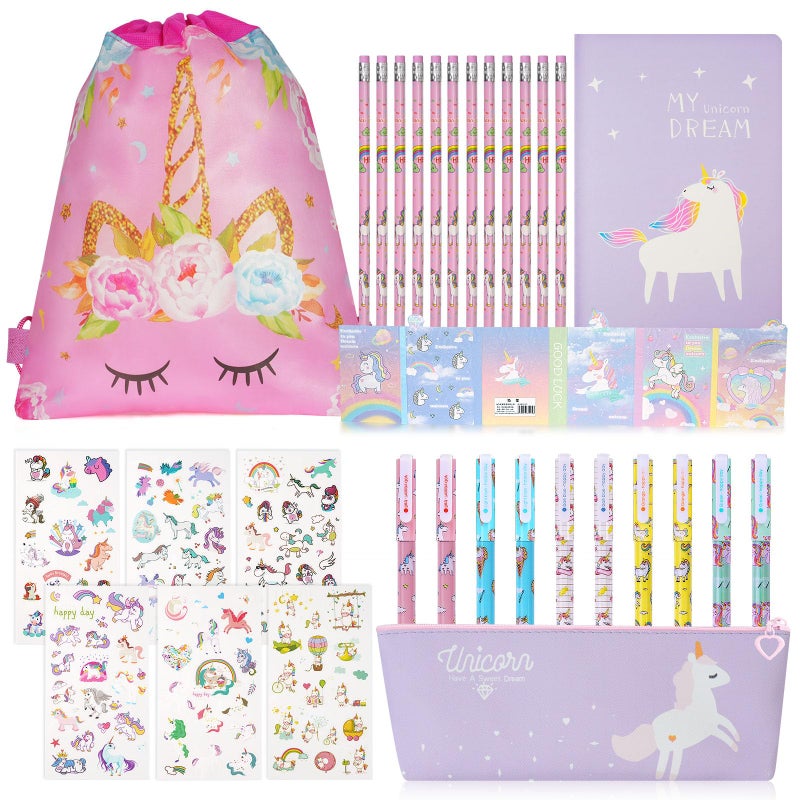 OFFCUP Unicorn Stationery Set, 32 Pieces Unicorn Stationery, Unicorn Gift Box, Unicorn Case, Coloured Pens, Pencils, Notebooks, Stickers (Unicorn Horn) - Image 1
