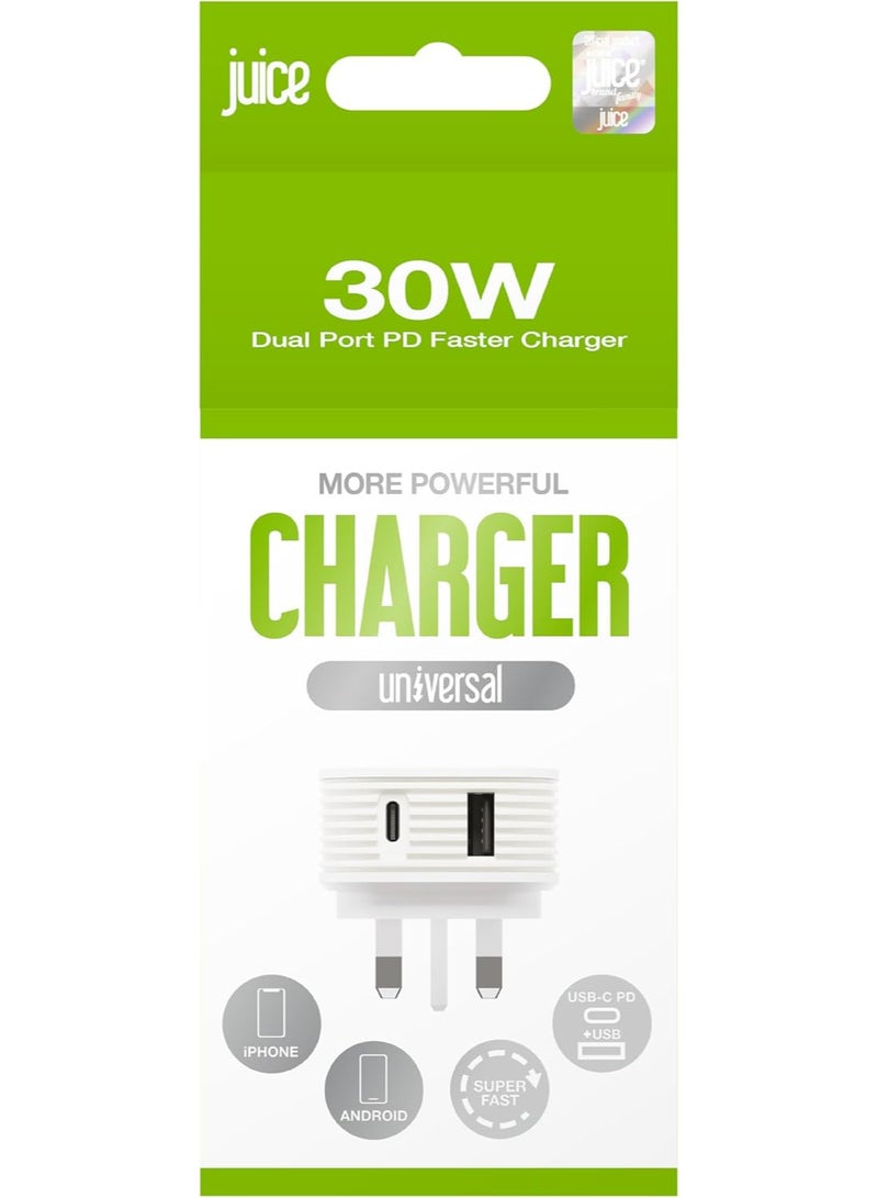 JUICE 30W Dual Port Charger, 2 Ports USB-A & USB-C Fast Charging, iPhone wall Charger, Power Adapter Compatible for iPhones, Tablets & Devices, White - Image 1