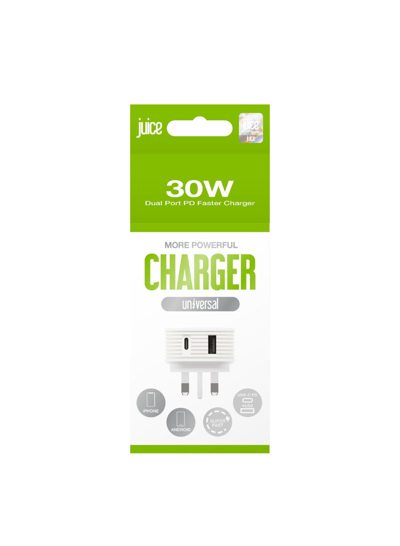 JUICE 30W Dual Port Charger, 2 Ports USB-A & USB-C Fast Charging, iPhone wall Charger, Power Adapter Compatible for iPhones, Tablets & Devices, White - Image 4