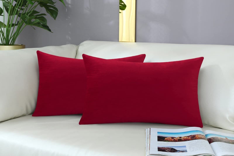 mixeoo Comfy Christmas Red Throw Pillow Covers Decorative Rectangle Solid Thick Velvet Super Soft Cushion Cases Home Decor for Sofa Couch Living Room Chair  Set of 2  12 x 20 Inch - Image 3