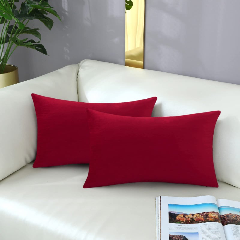 mixeoo Comfy Christmas Red Throw Pillow Covers Decorative Rectangle Solid Thick Velvet Super Soft Cushion Cases Home Decor for Sofa Couch Living Room Chair  Set of 2  12 x 20 Inch - Image 1