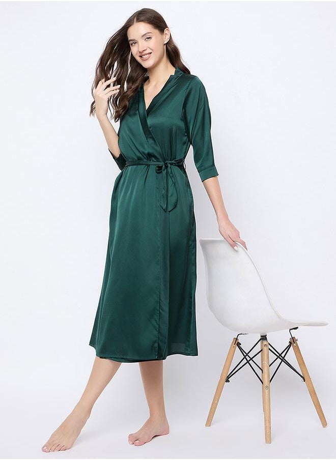 Clovia Solid 3/4 Sleeves Satin Robe by Styli  - Image 1
