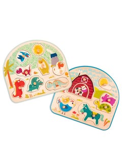B. Toys - Peg Puzzle 2-Pack - Dinos & Farm Animals- Wooden Peg Puzzles- 8 Pieces Each - Classic Toys For Toddlers, Kids - 18 Months +  - Image 1