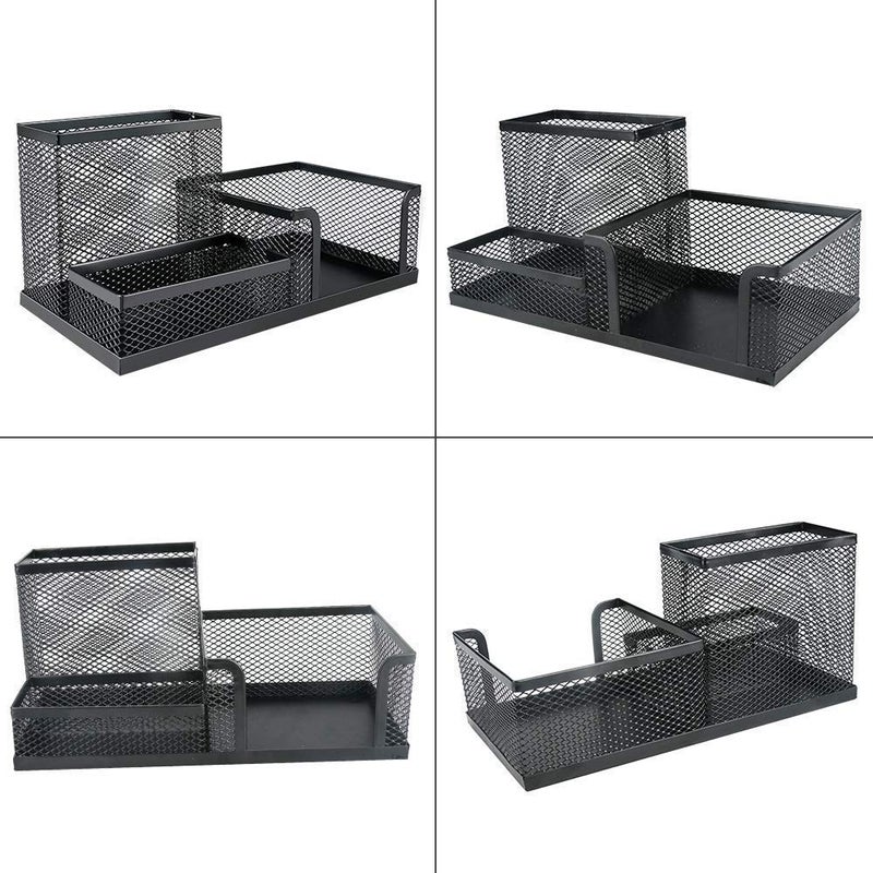 PRANIJ Multi-Functional Metal Mesh Stationery Pen Pencil Stand Office Desk Organizer Clip Holder - 3 Compartment (Black) - Image 4