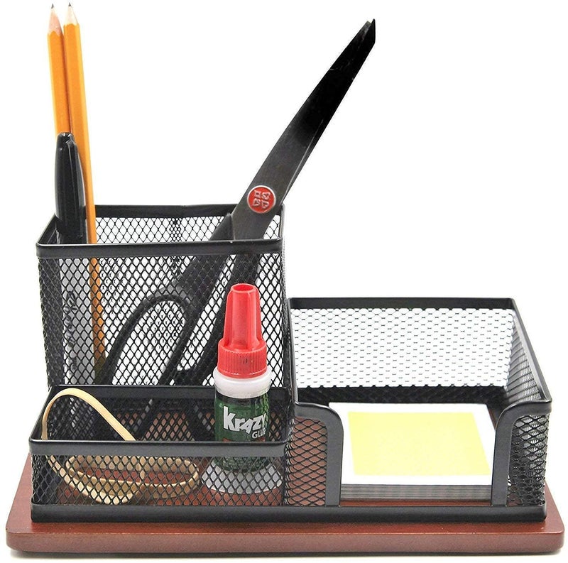 PRANIJ Multi-Functional Metal Mesh Stationery Pen Pencil Stand Office Desk Organizer Clip Holder - 3 Compartment (Black) - Image 2