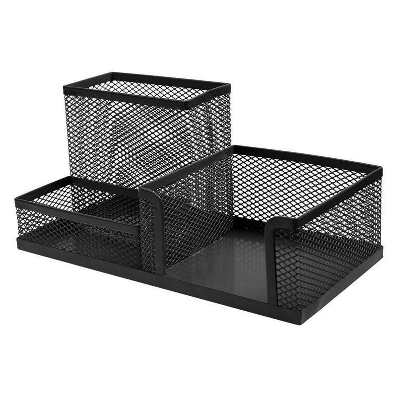 PRANIJ Multi-Functional Metal Mesh Stationery Pen Pencil Stand Office Desk Organizer Clip Holder - 3 Compartment (Black) - Image 1