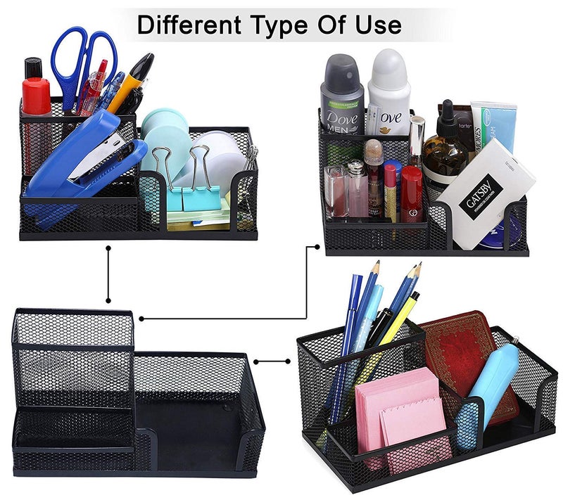 PRANIJ Multi-Functional Metal Mesh Stationery Pen Pencil Stand Office Desk Organizer Clip Holder - 3 Compartment (Black) - Image 5