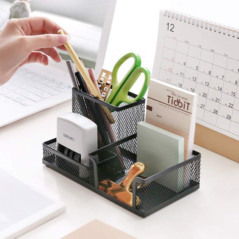 PRANIJ Multi-Functional Metal Mesh Stationery Pen Pencil Stand Office Desk Organizer Clip Holder - 3 Compartment (Black) - Image 3