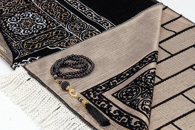 ايهفان اونلاين Ihvan Online Kaaba Door Model Patterned Chenille Prayer Prayer Rug Black