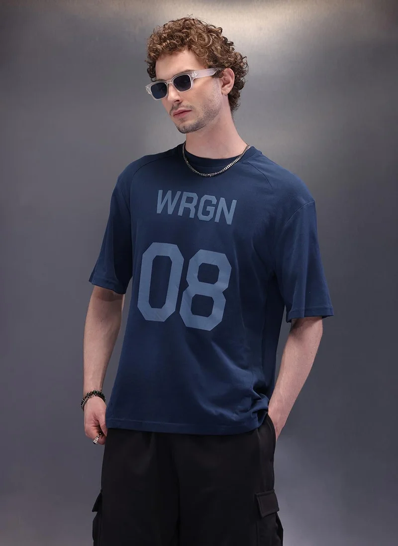Wrogn Placement Printed Oversized T-Shirt | Blue
