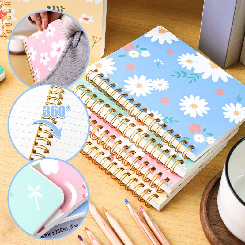 BOOKNOW 4PCS Mini Spiral Notebooks, A6 Small Line College Ruled Pocket Notepads Cute Flower Hardcover Notebooks for Girls Women Gift School Office Journals Supplies, 4.1x 5.7 Inch, 640 Pages - Image 3