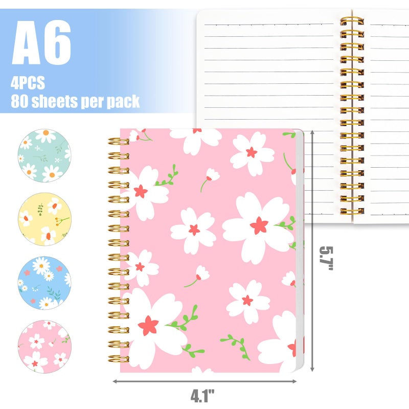 BOOKNOW 4PCS Mini Spiral Notebooks, A6 Small Line College Ruled Pocket Notepads Cute Flower Hardcover Notebooks for Girls Women Gift School Office Journals Supplies, 4.1x 5.7 Inch, 640 Pages - Image 2