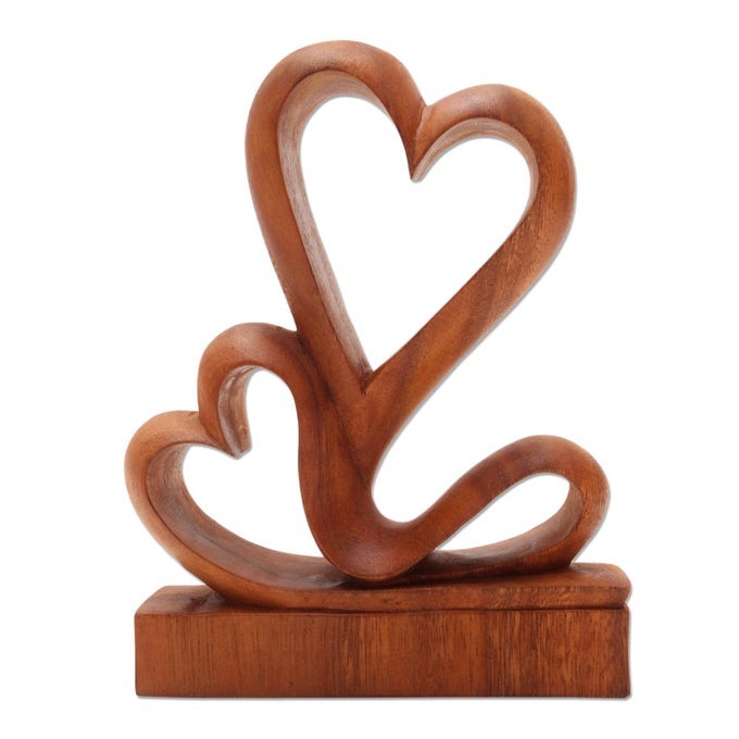 HEART SHAPED NATURAL BROWN ROMANTIC LOVE SUAR WOOD SCULPTURE 775 TWO HEARTS