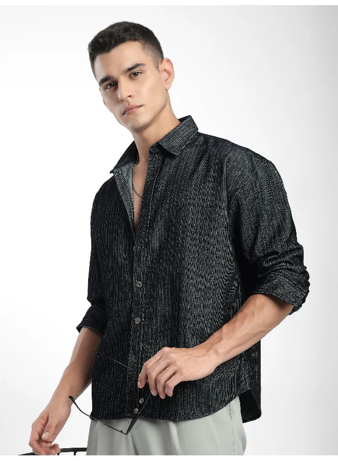 Beyoung Black Striped Corduroy Shirt