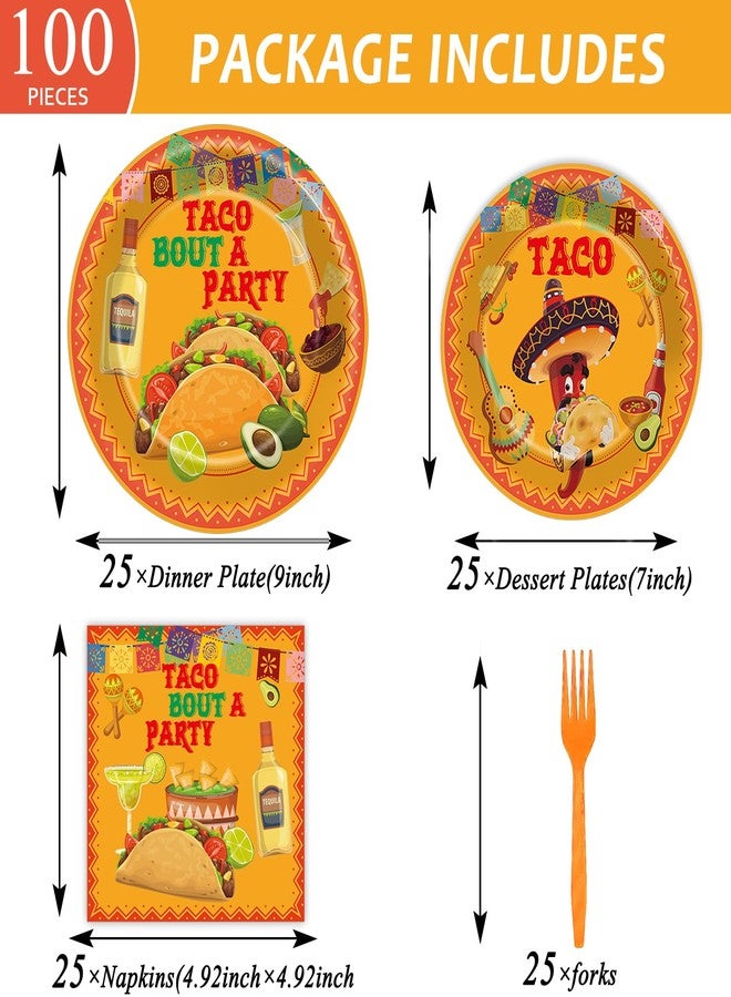 OBUSATT ZOiiWA 100 Pcs Let's Taco Bout A Party Supplies Tableware Set Mexican Fiesta Party Dinnerware Set Mexican Tacos Party Paper Plates Napkins Forks for Taco Party Supplies Birthday Serves 25 Guests - Image 2